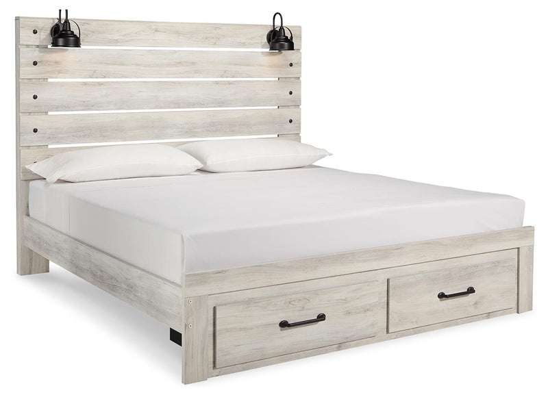Ashley Furniture Cambeck bed with two storage drawers, shown from an angled side view highlighting the bed frame and drawers.