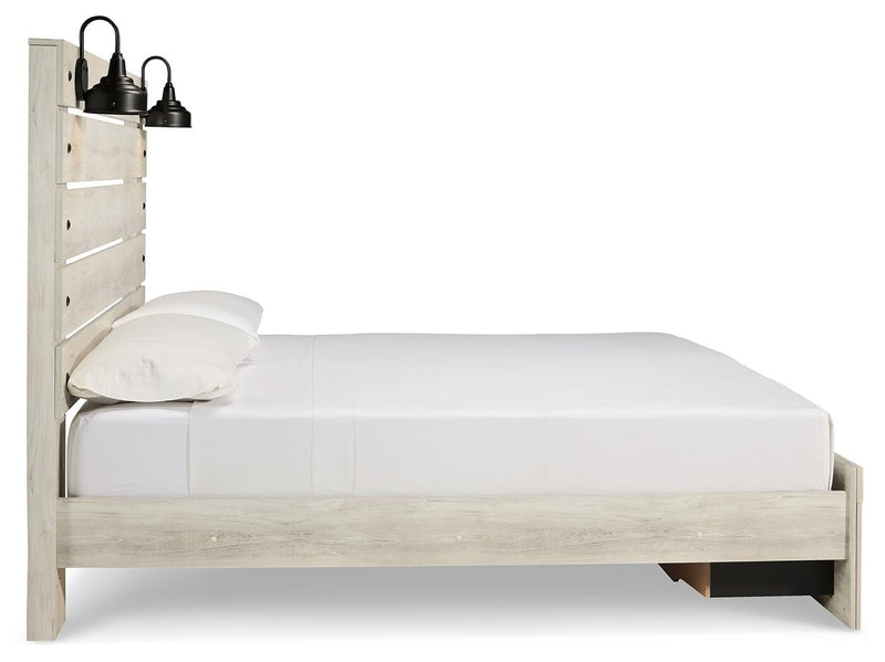Ashley Furniture Cambeck bed with two built-in storage drawers, featuring a modern wood finish and side view in the image.