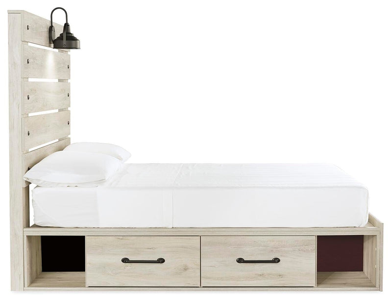Ashley Furniture Cambeck youth bed with two storage drawers, featuring a sturdy wooden frame and side view.