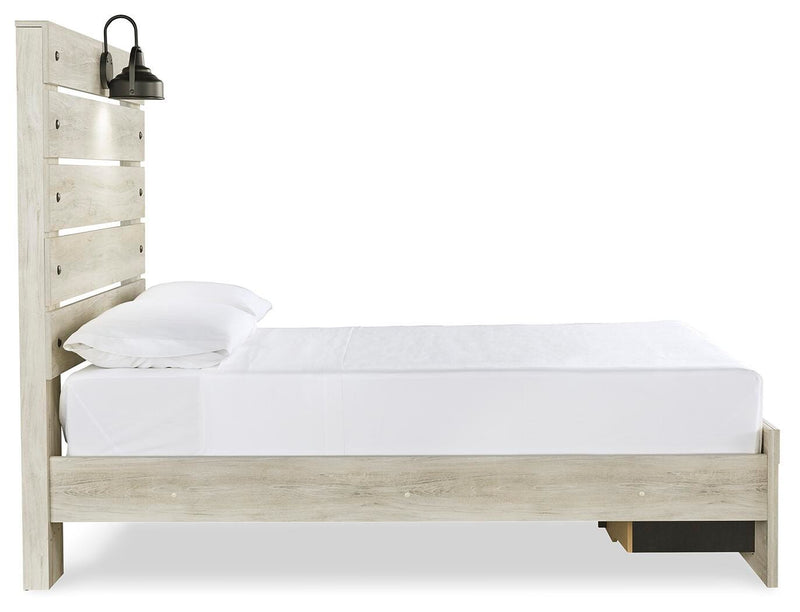 Ashley Furniture Cambeck bed with two storage drawers, featuring a modern wood finish and sleek side view.