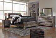 Ashley Furniture Derekson chest of drawers with multiple drawers and a dark wood finish, showcasing a modern bedroom storage piece.