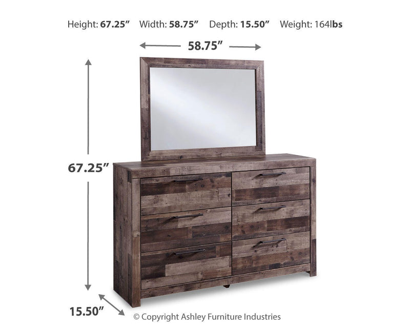 Ashley Furniture Derekson dresser with matching mirror, featuring a dark wood finish and classic design for bedroom storage.