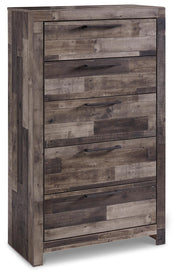 Ashley Furniture Derekson chest of drawers with multiple drawers and a dark wood finish, showcasing a modern storage solution.