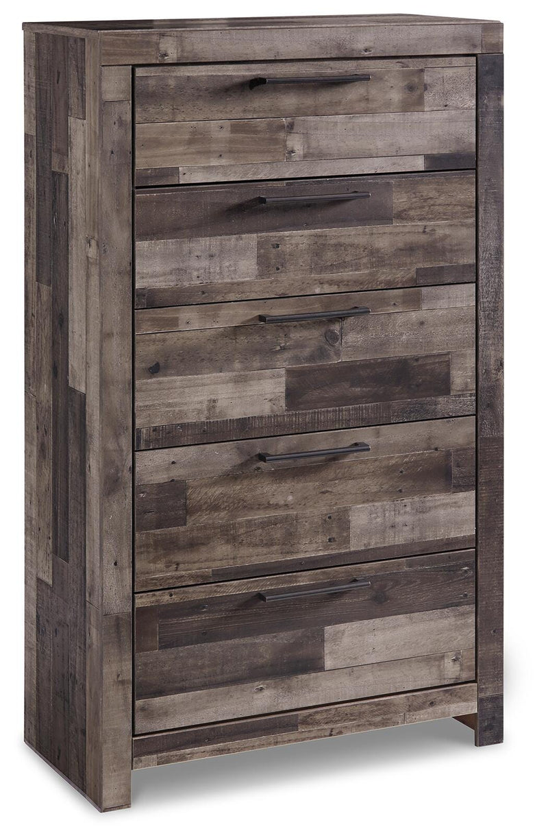 Ashley Furniture Derekson chest of drawers with multiple drawers and a dark wood finish, showcasing a modern storage solution.