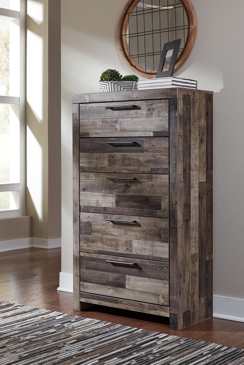 Ashley Furniture Derekson chest of drawers featuring a sleek wooden design with multiple drawers and brushed nickel handles.