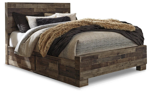 Ashley Furniture Derekson bed with built-in side storage, featuring a stylish wooden frame and two practical storage compartments.