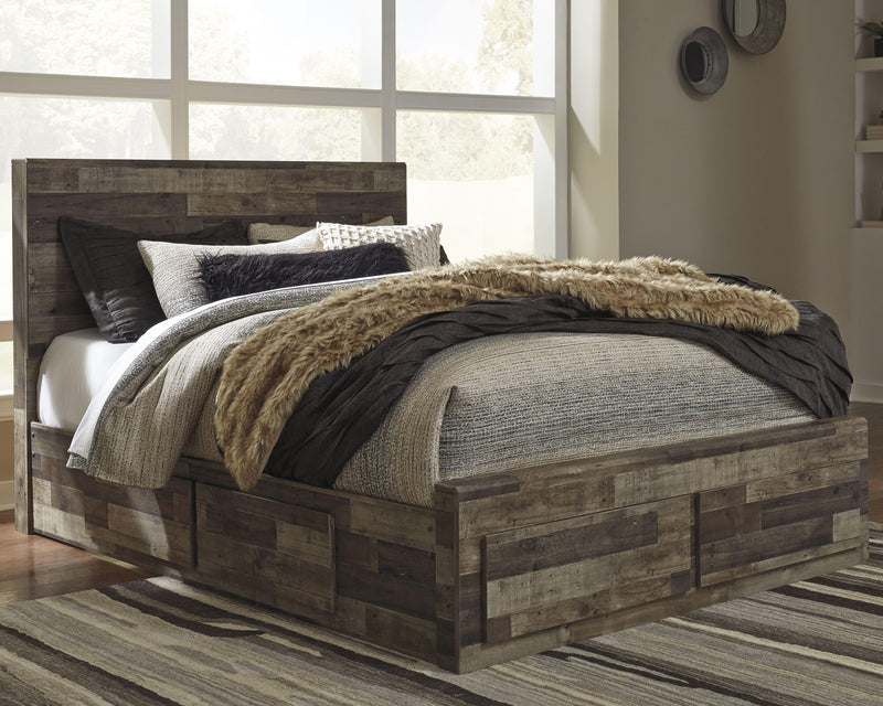 Ashley Furniture Derekson bed with four storage drawers, featuring a sturdy frame and classic design in a cozy bedroom setting.