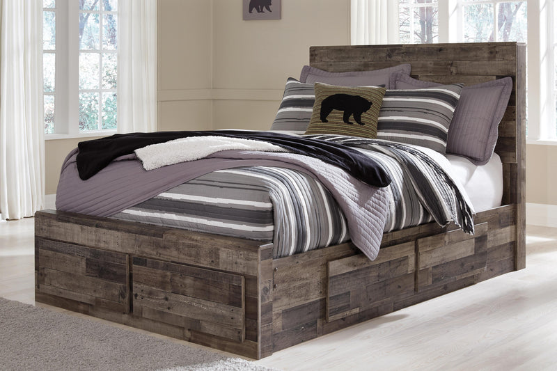 Ashley Furniture Derekson youth bed with built-in six storage drawers in a modern wood finish, ideal for kids' bedrooms.