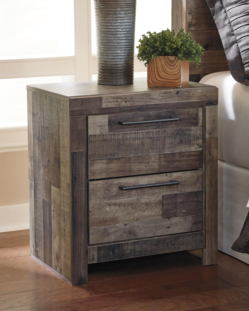 Ashley Furniture Derekson nightstand with a sleek wood finish and modern design, featuring a single drawer and open storage shelf.