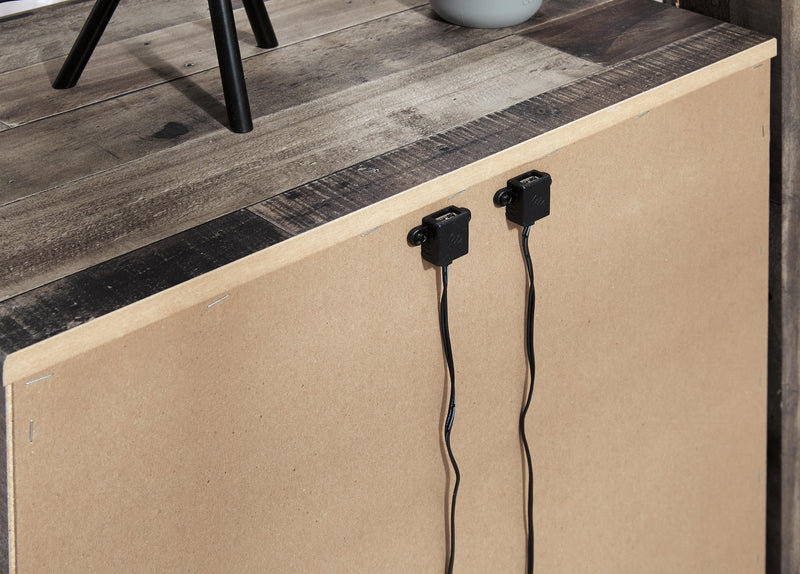 Ashley Furniture Derekson nightstand with USB ports, dark wood finish, and sleek modern design.
