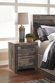 Ashley Furniture Derekson nightstand with a dark wood finish and simple design, featuring a single drawer and open storage shelf.