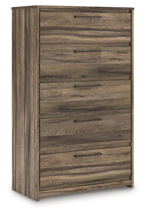 Ashley Furniture Elbrim chest of drawers with multiple drawers, angled view showing wood finish and modern design.