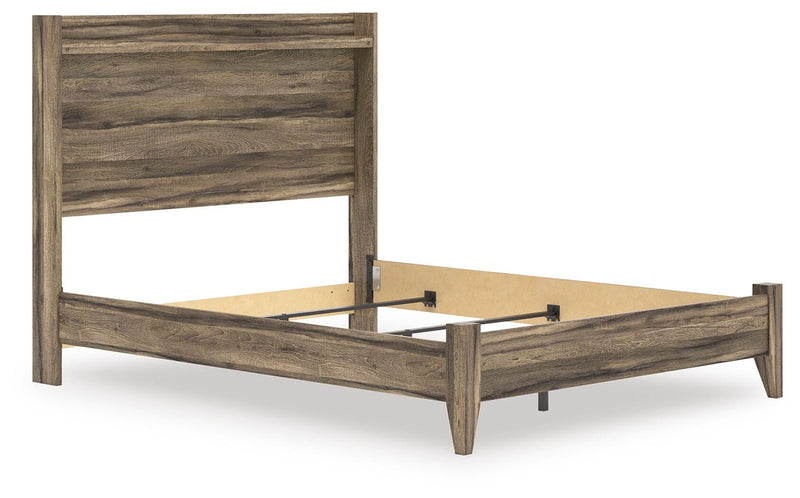 Ashley Furniture Elbrim Bed with a wooden frame, headboard, and elegant design, shown from an angled side view.
