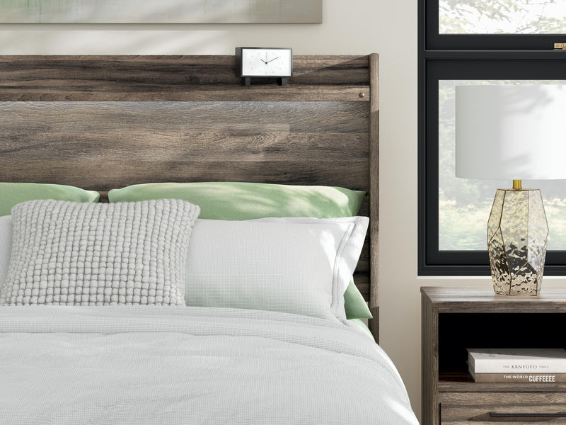 Ashley Furniture Elbrim Panel Storage Bed with sleek wooden panels and built-in storage drawers in a modern bedroom setting.
