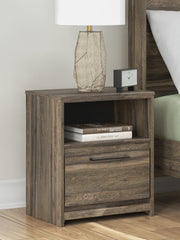 Ashley Furniture Elbrim nightstand with a dark wood finish, featuring a single drawer and open shelf for bedroom storage.