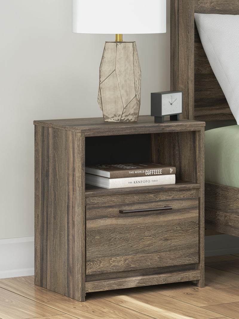 Ashley Furniture Elbrim nightstand with a dark wood finish, featuring a single drawer and open shelf for bedroom storage.
