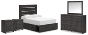 Ashley Furniture Hollivern bedroom set with a modern bed frame, nightstands, and dresser in a stylish bedroom scene.