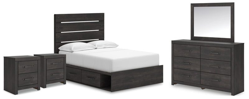 Ashley Furniture Hollivern bedroom set with a modern bed frame, nightstands, and dresser in a stylish bedroom scene.