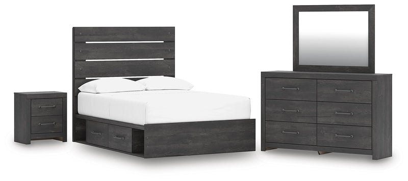 Ashley Furniture Hollivern bedroom set with a bed, dresser, and nightstands in a modern style, shown in a cozy bedroom setting.
