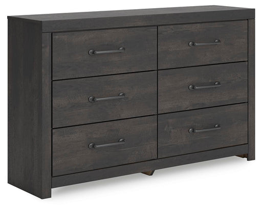 Ashley Furniture Hollivern dresser with multiple drawers, angled view showcasing its dark wood finish and contemporary design.