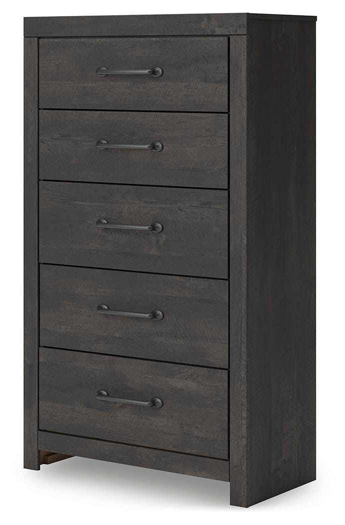 Ashley Furniture Hollivern chest of drawers showing a stylish wooden storage unit with multiple drawers and angled design.