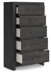 Ashley Furniture Hollivern chest of drawers with open drawers showing storage, angled view highlighting wood finish and hardware.