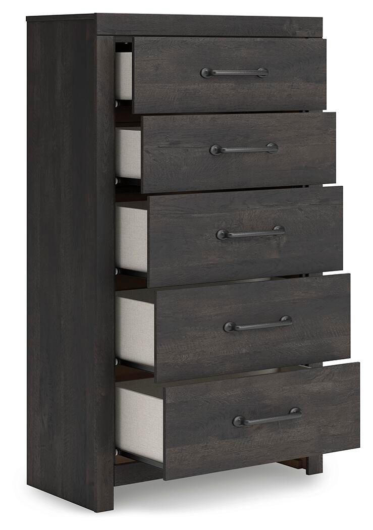 Ashley Furniture Hollivern chest of drawers with open drawers showing storage, angled view highlighting wood finish and hardware.