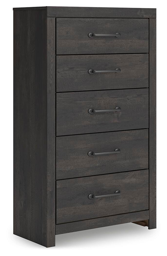 Ashley Furniture Hollivern Chest of Drawers showing angled view of wooden storage cabinet with drawers.
