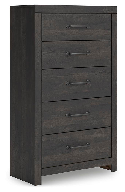 Ashley Furniture Hollivern Chest of Drawers showing angled view of wooden storage cabinet with drawers.