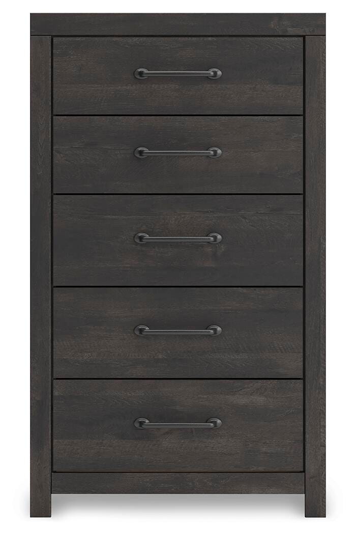 Ashley Furniture Hollivern chest of drawers with a sleek wood finish, featuring multiple drawers for stylish storage.