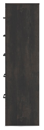 Ashley Furniture Hollivern chest of drawers with a rich wood finish and modern design, shown from the side view.