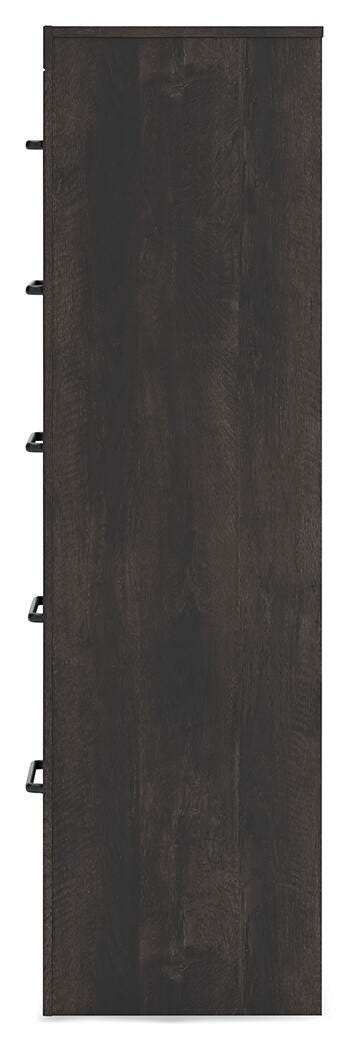 Ashley Furniture Hollivern chest of drawers with a rich wood finish and modern design, shown from the side view.