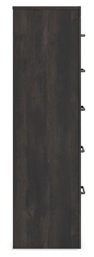Ashley Furniture Hollivern chest of drawers with a dark wood finish, featuring multiple drawers and sleek modern hardware.