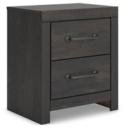 Ashley Furniture Hollivern nightstand with a sleek wooden finish and modern design, shown from an angled side view.
