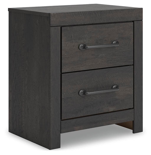 Ashley Furniture Hollivern nightstand with a sleek wooden finish and modern design, shown from an angled side view.