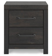 Ashley Furniture Hollivern nightstand with a dark wood finish and sleek modern design, featuring a single drawer and open shelf.