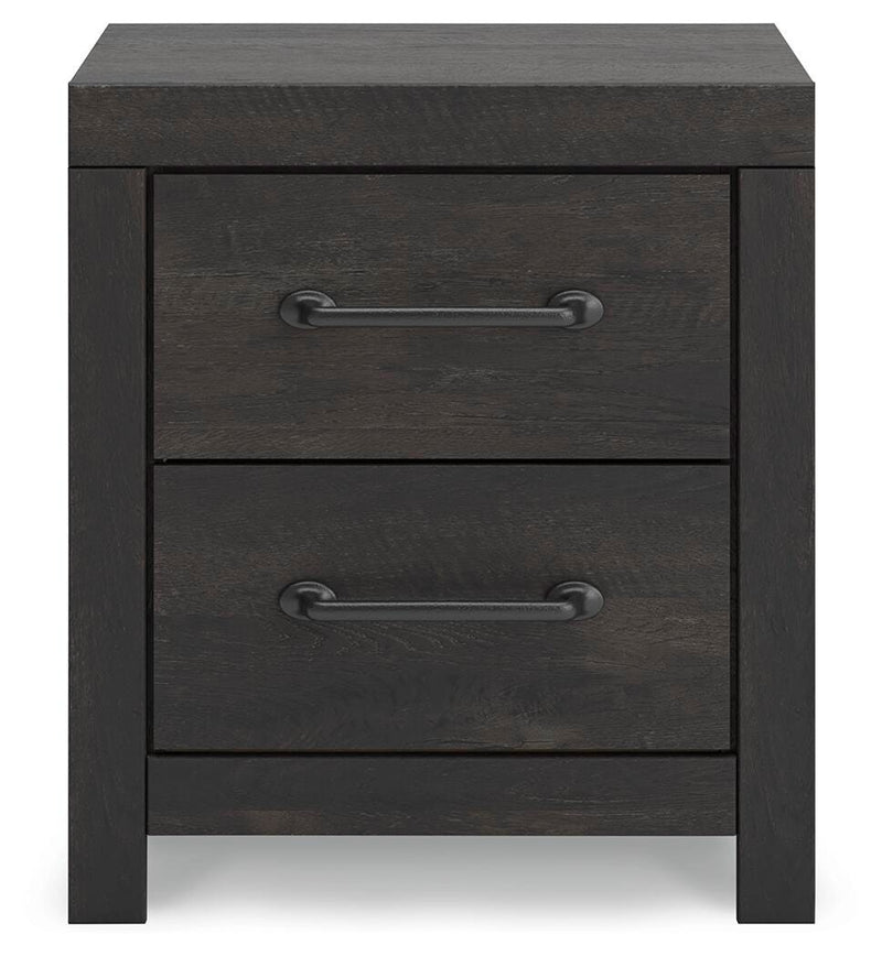 Ashley Furniture Hollivern nightstand with a dark wood finish and sleek modern design, featuring a single drawer and open shelf.