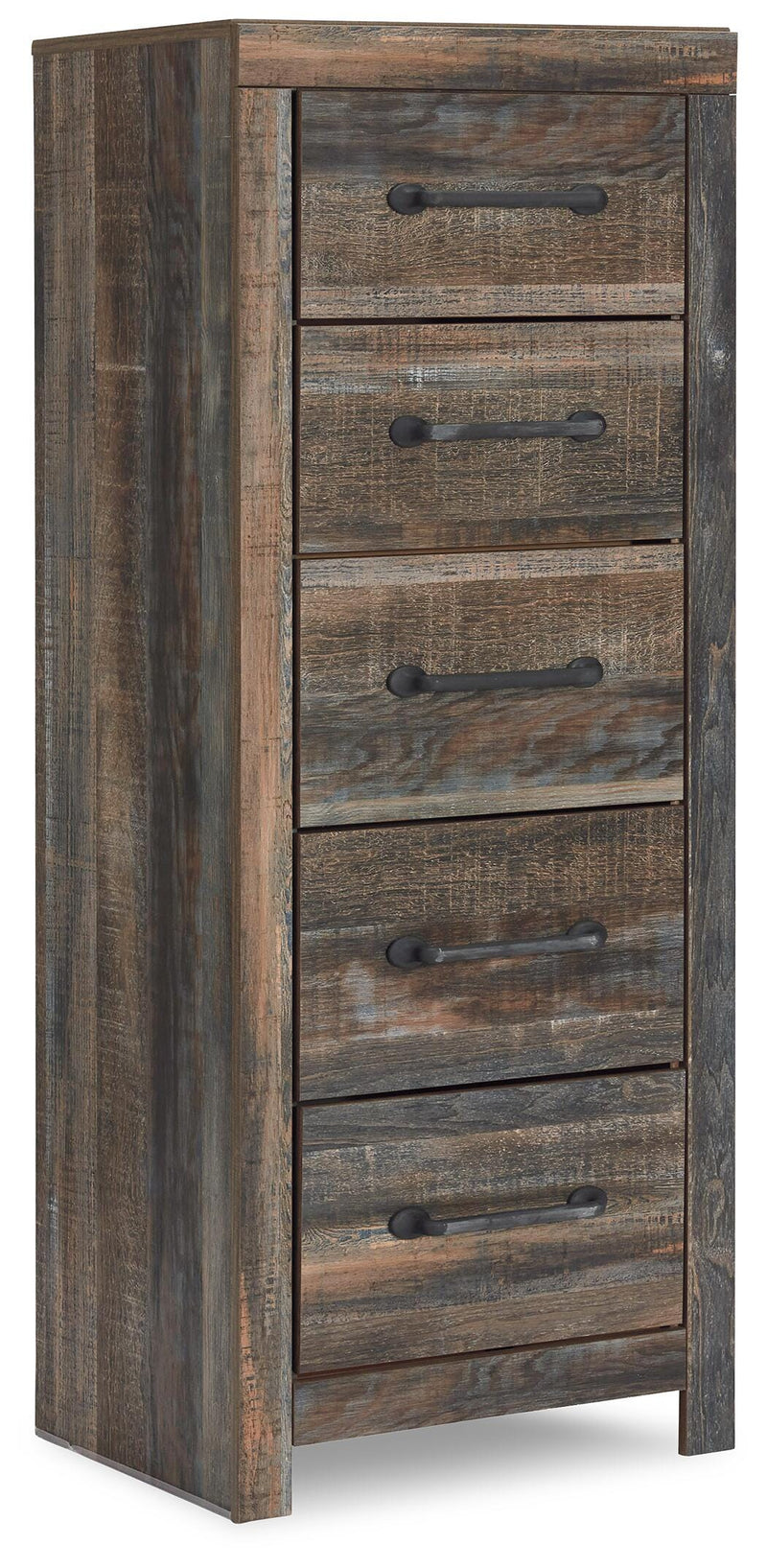 Ashley Furniture Drystan Narrow Chest showing wood finish, sleek design, and multiple drawers for storage in a modern bedroom setting.