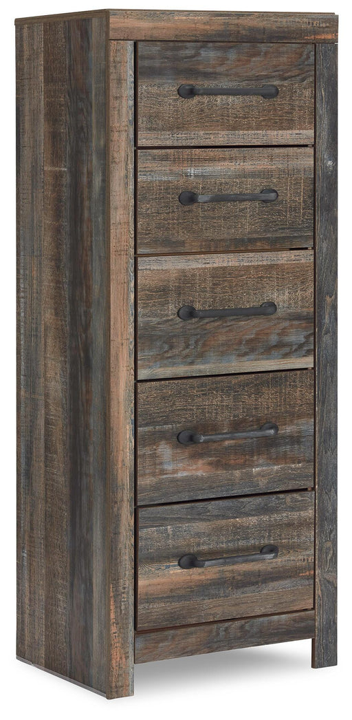 Ashley Furniture Drystan Narrow Chest showing wood finish, sleek design, and multiple drawers for storage in a modern bedroom setting.