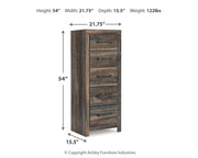 Ashley Furniture Drystan Narrow Chest featuring sleek wood finish and modern design with multiple drawers for storage.