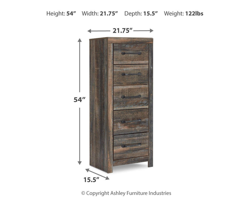 Ashley Furniture Drystan Narrow Chest featuring sleek wood finish and modern design with multiple drawers for storage.
