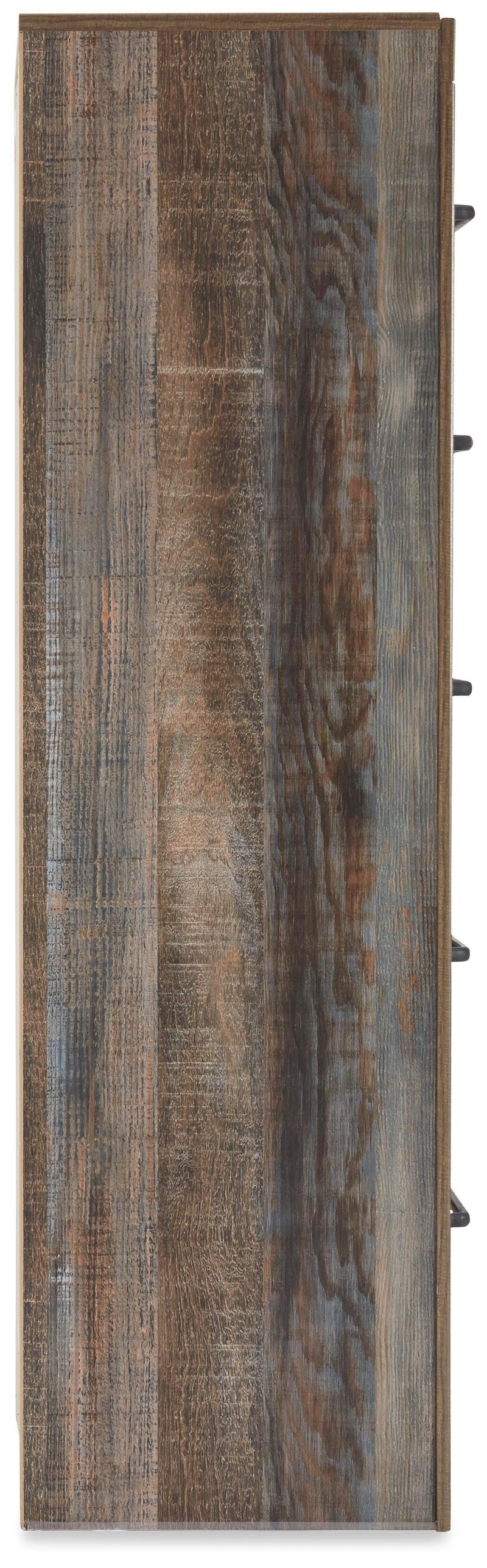 Ashley Furniture Drystan Narrow Chest with wooden drawers and metal handles, shown from a side view.
