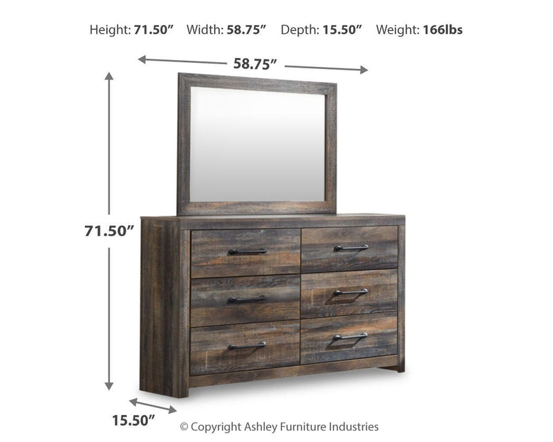 Ashley Furniture Drystan dresser with matching mirror, featuring a modern wood finish and sleek hardware for bedroom storage.