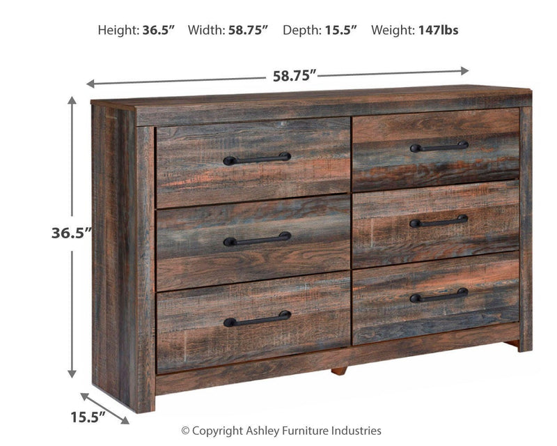 Ashley Furniture Drystan dresser with multiple drawers and a warm wood finish, showcasing a modern bedroom storage piece.