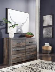 Ashley Furniture Drystan Dresser with six drawers, dark wood finish, and sleek modern design for bedroom storage.