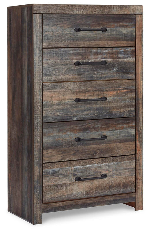 Ashley Furniture Drystan Chest of Drawers with angled wood design and multiple drawers, shown from a side angle.