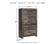 Ashley Furniture Drystan chest of drawers featuring a dark finish and multiple storage drawers in a classic chest design.