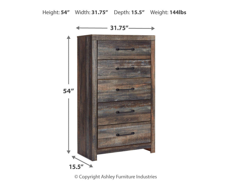 Ashley Furniture Drystan chest of drawers featuring a dark finish and multiple storage drawers in a classic chest design.