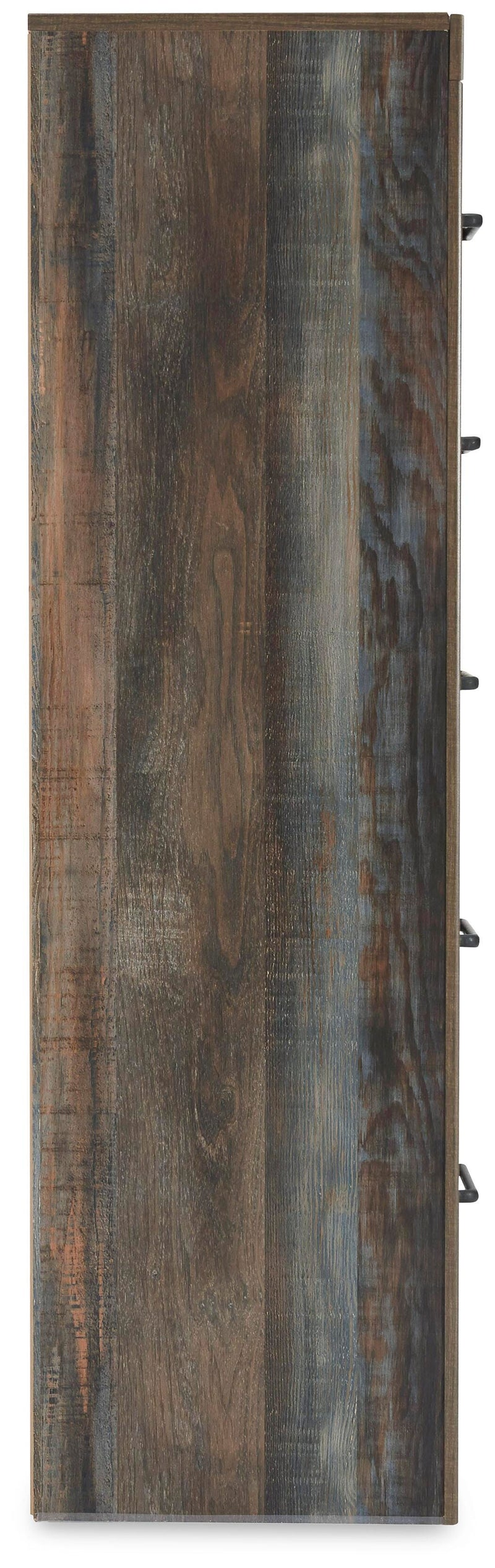 Ashley Furniture Drystan chest of drawers with a light wood finish and modern design, shown from a side view.
