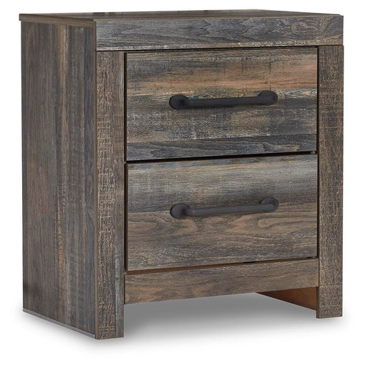 Ashley Furniture Drystan nightstand with a wood finish and modern design, shown from an angled view with drawer handles.